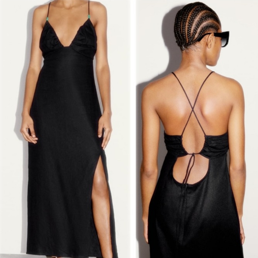 Linen Blend Strappy Dress Black Zara